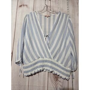 Blousology Striped Tie Neck Smocked Waist Peasant Blouse Top XL